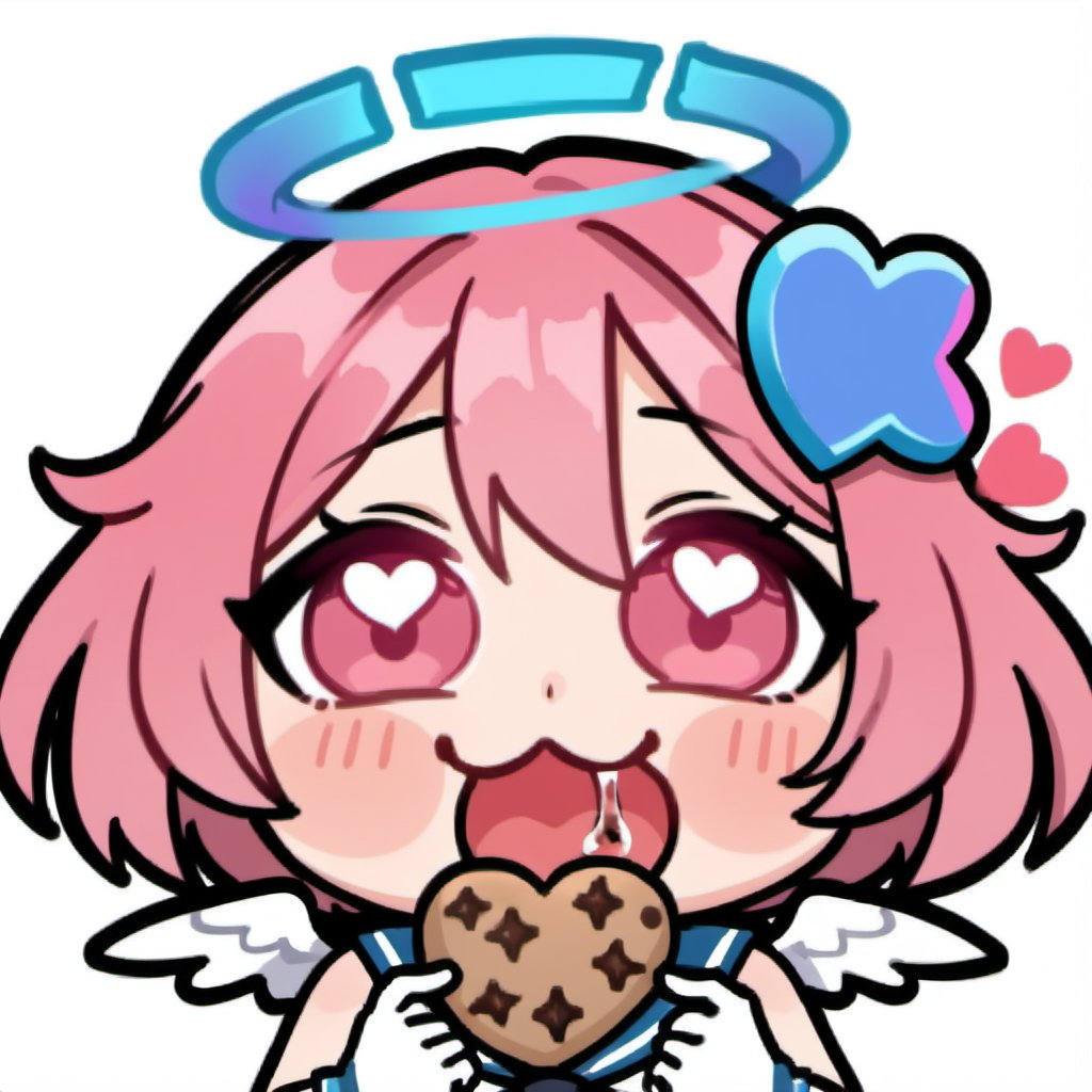 yummy , eating , open mouth , hold cookie , Saliva , Drool , lust , greedy , Desire , sexy , hentai ,   Emote , high quality, high res , highly detailed face, white background, chibi , upper body close up , 1girl , solo , cute face , pink hair , blue halo , tensi , angel , pink eyes , cute , chibi , girl , sticker , emote , white background , funny , crystal heart blue hairpin , sleeveless sailor suit , wings , twitch , Blue Archive , short hair , bangs ,