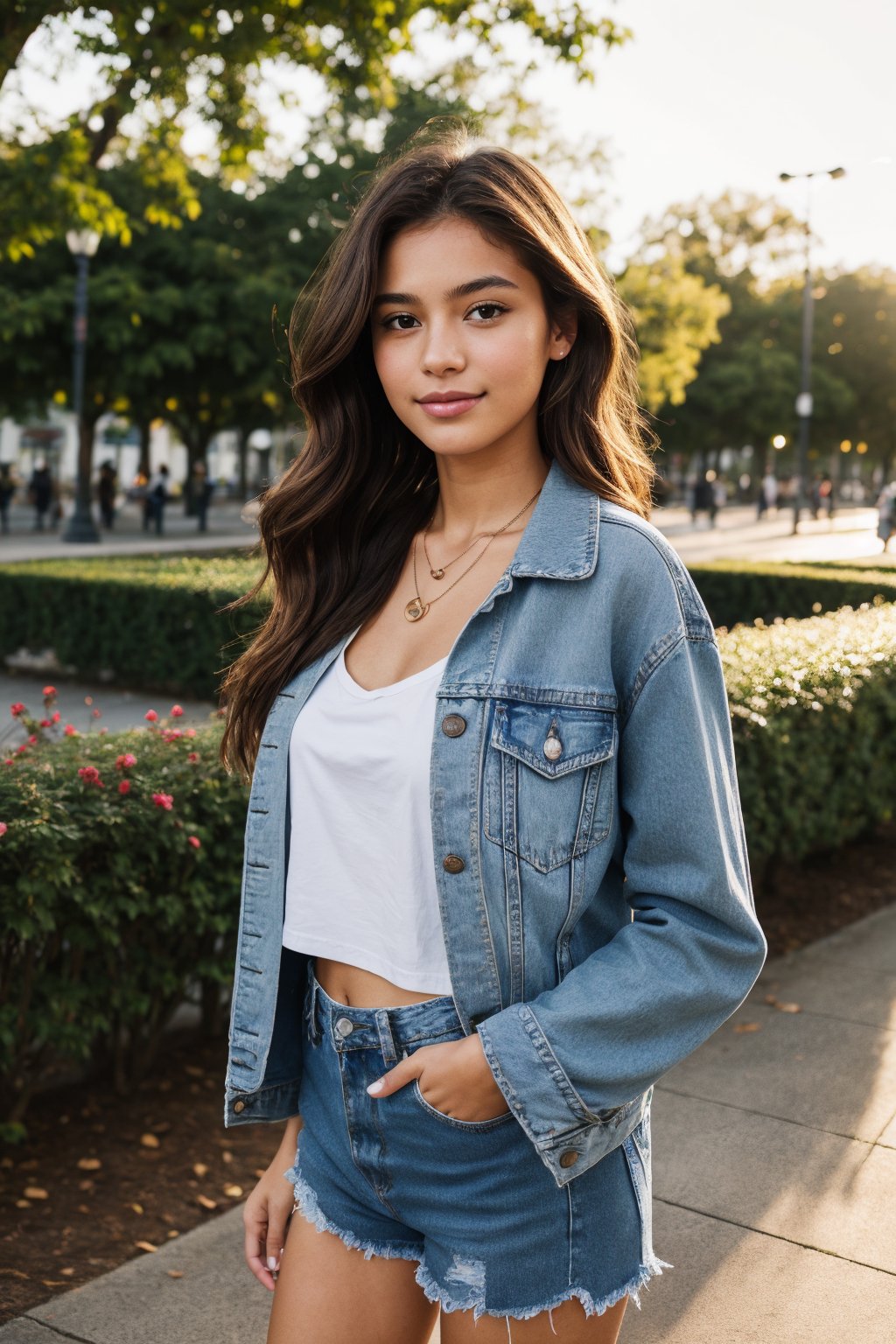 A teenage girl standing confidently in a vibrant setting. gentle smile, She has long, wavy chestnut-brown hair that cascades over her shoulders, with a few strands gently framing her round face. Her skin is fair with a soft, natural glow. Her large, almond-shaped hazel eyes sparkle with curiosity, framed by thick, dark lashes. She has a delicate nose and a subtle smile with full lips that show a hint of warmth. She’s wearing a trendy, oversized denim jacket over a simple white t-shirt, paired with high-waisted, ripped jeans and white sneakers. Her hands are in her jacket pockets, and she has a small pendant necklace resting on her collarbone. The setting around her feels modern and colorful, with city lights in the background or maybe a lively urban park, making her stand out in a vibrant yet relaxed scene.