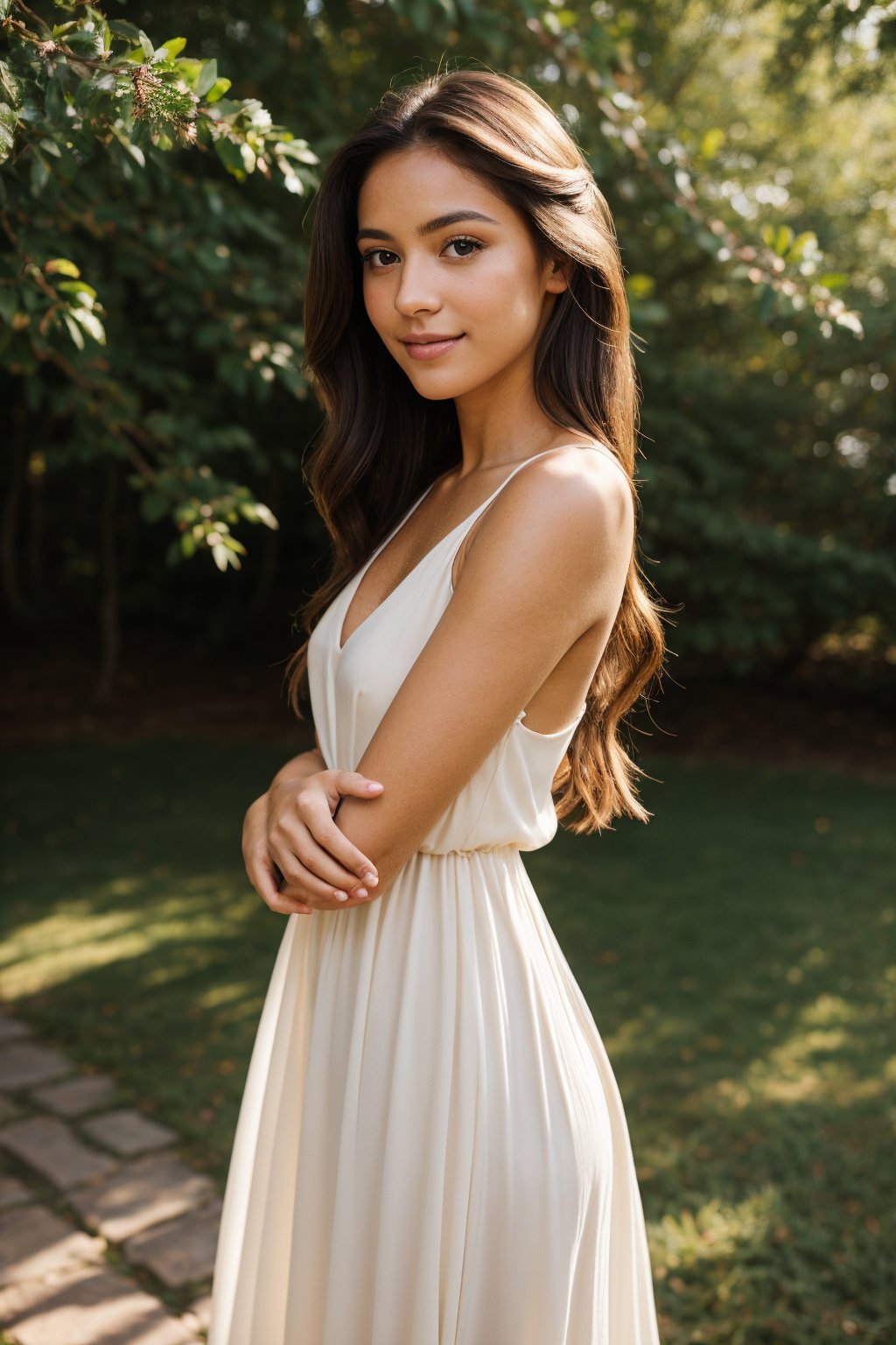 A beautiful young woman stands in soft, natural light. gentle smile, She has delicate, refined features with bright, expressive eyes and a gentle smile. Her long hair flows gracefully over her shoulders, moving slightly in the breeze. She is dressed in light, flowing clothing, a soft pastel-colored dress that compliments her glowing complexion. Her pose is relaxed and serene, as if she’s enjoying a quiet moment in nature. The background is softly blurred, highlighting the focus on her face and her effortless grace.