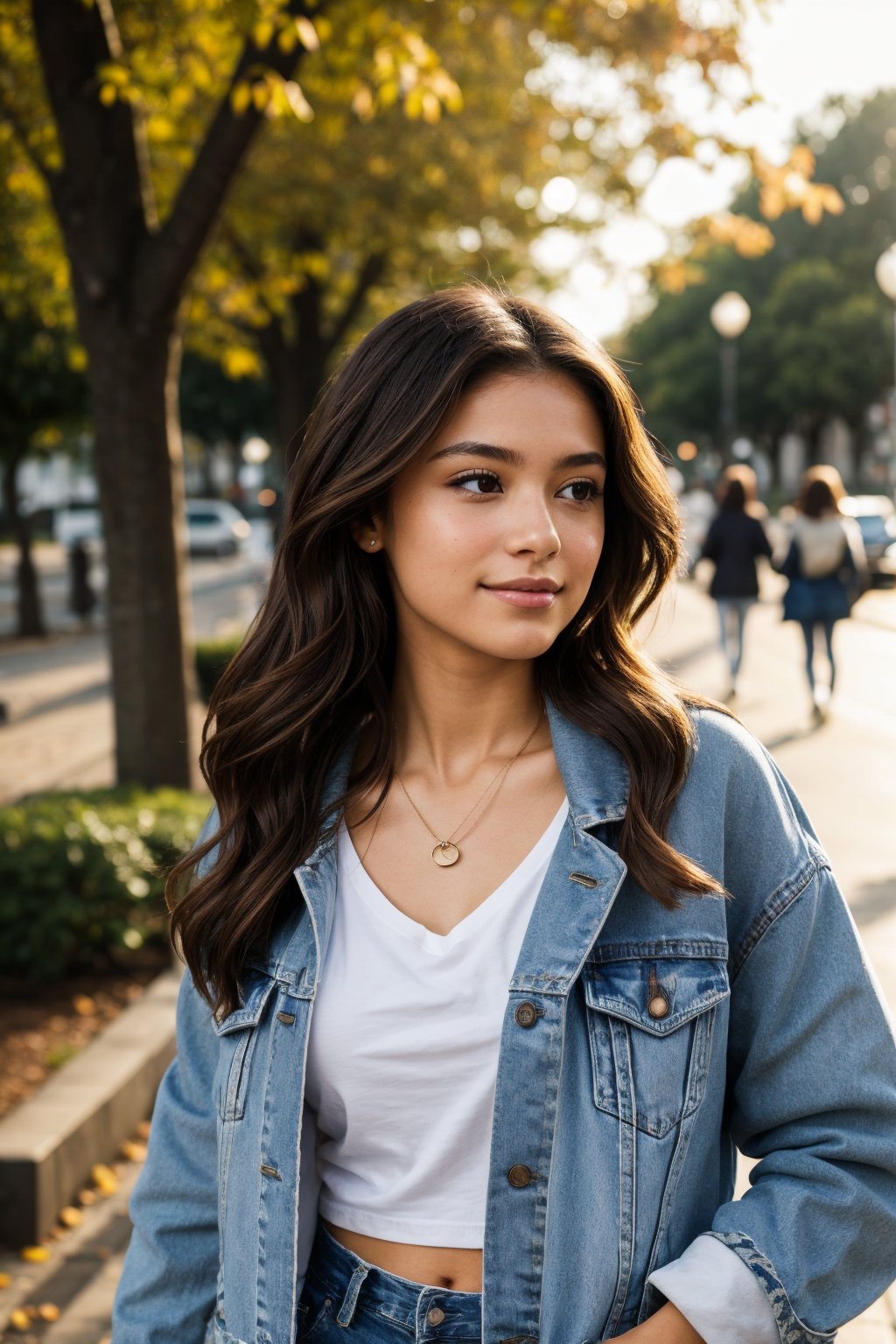 A teenage girl standing confidently in a vibrant setting. gentle smile, She has long, wavy chestnut-brown hair that cascades over her shoulders, with a few strands gently framing her round face. Her skin is fair with a soft, natural glow. Her large, almond-shaped hazel eyes sparkle with curiosity, framed by thick, dark lashes. She has a delicate nose and a subtle smile with full lips that show a hint of warmth. She’s wearing a trendy, oversized denim jacket over a simple white t-shirt, paired with high-waisted, ripped jeans and white sneakers. Her hands are in her jacket pockets, and she has a small pendant necklace resting on her collarbone. The setting around her feels modern and colorful, with city lights in the background or maybe a lively urban park, making her stand out in a vibrant yet relaxed scene.