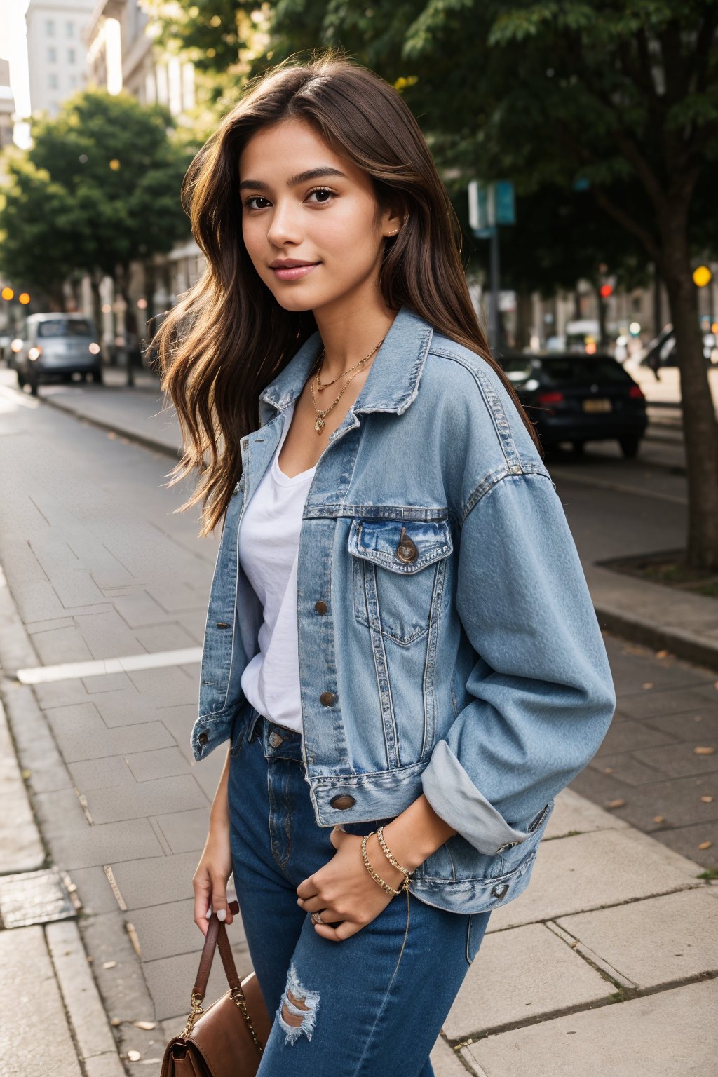 A teenage girl standing confidently in a vibrant setting. gentle smile, She has long, wavy chestnut-brown hair that cascades over her shoulders, with a few strands gently framing her round face. Her skin is fair with a soft, natural glow. Her large, almond-shaped hazel eyes sparkle with curiosity, framed by thick, dark lashes. She has a delicate nose and a subtle smile with full lips that show a hint of warmth. She’s wearing a trendy, oversized denim jacket over a simple white t-shirt, paired with high-waisted, ripped jeans and white sneakers. Her hands are in her jacket pockets, and she has a small pendant necklace resting on her collarbone. The setting around her feels modern and colorful, with city lights in the background or maybe a lively urban park, making her stand out in a vibrant yet relaxed scene.