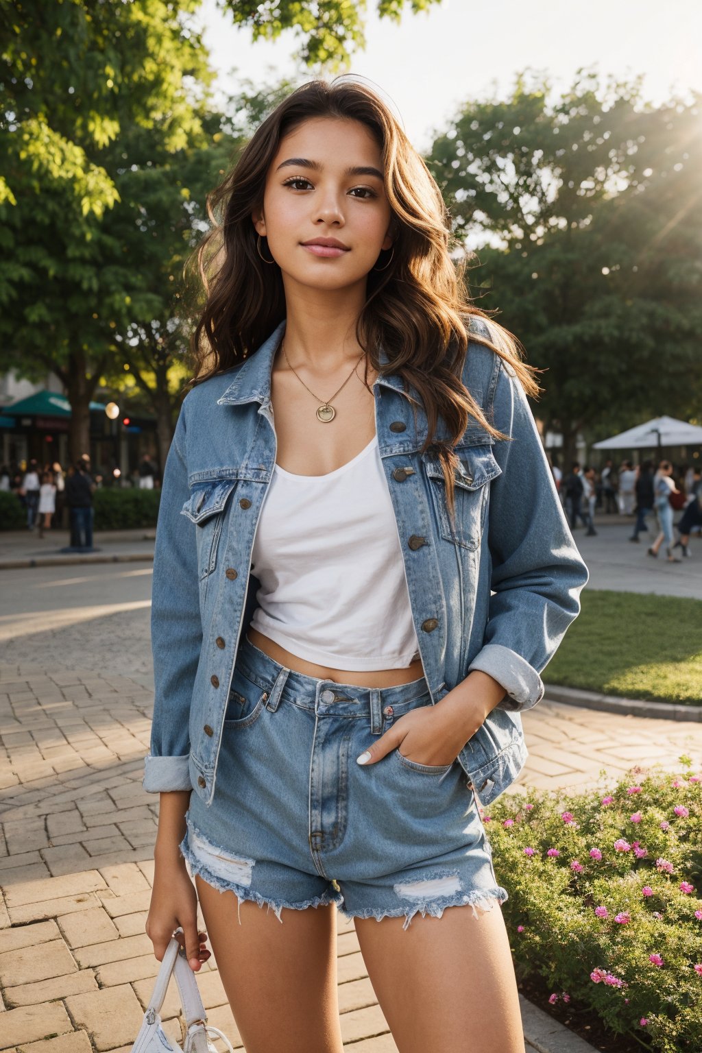 A teenage girl standing confidently in a vibrant setting. gentle smile, She has long, wavy chestnut-brown hair that cascades over her shoulders, with a few strands gently framing her round face. Her skin is fair with a soft, natural glow. Her large, almond-shaped hazel eyes sparkle with curiosity, framed by thick, dark lashes. She has a delicate nose and a subtle smile with full lips that show a hint of warmth. She’s wearing a trendy, oversized denim jacket over a simple white t-shirt, paired with high-waisted, ripped jeans and white sneakers. Her hands are in her jacket pockets, and she has a small pendant necklace resting on her collarbone. The setting around her feels modern and colorful, with city lights in the background or maybe a lively urban park, making her stand out in a vibrant yet relaxed scene.