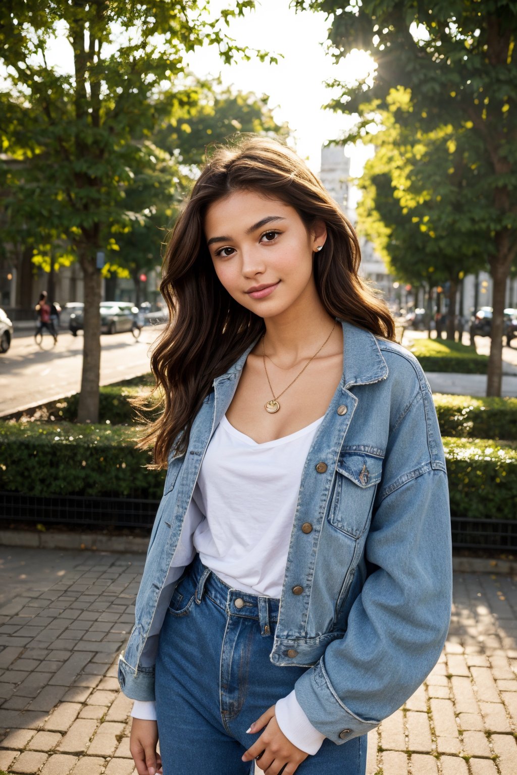 A teenage girl standing confidently in a vibrant setting. gentle smile, She has long, wavy chestnut-brown hair that cascades over her shoulders, with a few strands gently framing her round face. Her skin is fair with a soft, natural glow. Her large, almond-shaped hazel eyes sparkle with curiosity, framed by thick, dark lashes. She has a delicate nose and a subtle smile with full lips that show a hint of warmth. She’s wearing a trendy, oversized denim jacket over a simple white t-shirt, paired with high-waisted, ripped jeans and white sneakers. Her hands are in her jacket pockets, and she has a small pendant necklace resting on her collarbone. The setting around her feels modern and colorful, with city lights in the background or maybe a lively urban park, making her stand out in a vibrant yet relaxed scene.