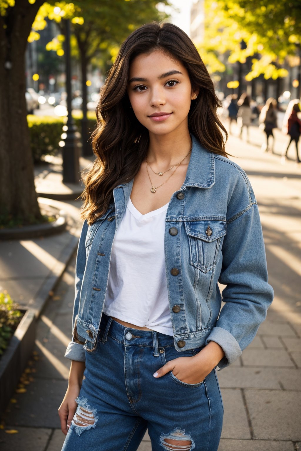 A teenage girl standing confidently in a vibrant setting. gentle smile, She has long, wavy chestnut-brown hair that cascades over her shoulders, with a few strands gently framing her round face. Her skin is fair with a soft, natural glow. Her large, almond-shaped hazel eyes sparkle with curiosity, framed by thick, dark lashes. She has a delicate nose and a subtle smile with full lips that show a hint of warmth. She’s wearing a trendy, oversized denim jacket over a simple white t-shirt, paired with high-waisted, ripped jeans and white sneakers. Her hands are in her jacket pockets, and she has a small pendant necklace resting on her collarbone. The setting around her feels modern and colorful, with city lights in the background or maybe a lively urban park, making her stand out in a vibrant yet relaxed scene.