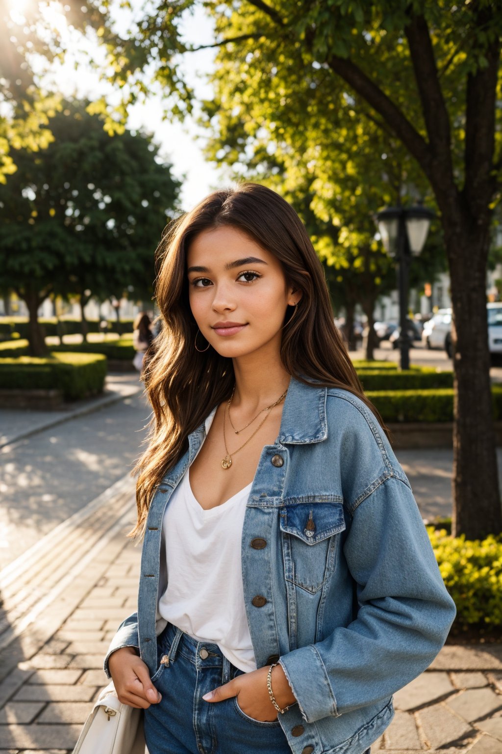 A teenage girl standing confidently in a vibrant setting. gentle smile, She has long, wavy chestnut-brown hair that cascades over her shoulders, with a few strands gently framing her round face. Her skin is fair with a soft, natural glow. Her large, almond-shaped hazel eyes sparkle with curiosity, framed by thick, dark lashes. She has a delicate nose and a subtle smile with full lips that show a hint of warmth. She’s wearing a trendy, oversized denim jacket over a simple white t-shirt, paired with high-waisted, ripped jeans and white sneakers. Her hands are in her jacket pockets, and she has a small pendant necklace resting on her collarbone. The setting around her feels modern and colorful, with city lights in the background or maybe a lively urban park, making her stand out in a vibrant yet relaxed scene.