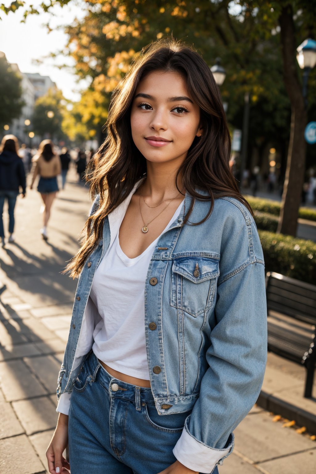 A teenage girl standing confidently in a vibrant setting. gentle smile, She has long, wavy chestnut-brown hair that cascades over her shoulders, with a few strands gently framing her round face. Her skin is fair with a soft, natural glow. Her large, almond-shaped hazel eyes sparkle with curiosity, framed by thick, dark lashes. She has a delicate nose and a subtle smile with full lips that show a hint of warmth. She’s wearing a trendy, oversized denim jacket over a simple white t-shirt, paired with high-waisted, ripped jeans and white sneakers. Her hands are in her jacket pockets, and she has a small pendant necklace resting on her collarbone. The setting around her feels modern and colorful, with city lights in the background or maybe a lively urban park, making her stand out in a vibrant yet relaxed scene.