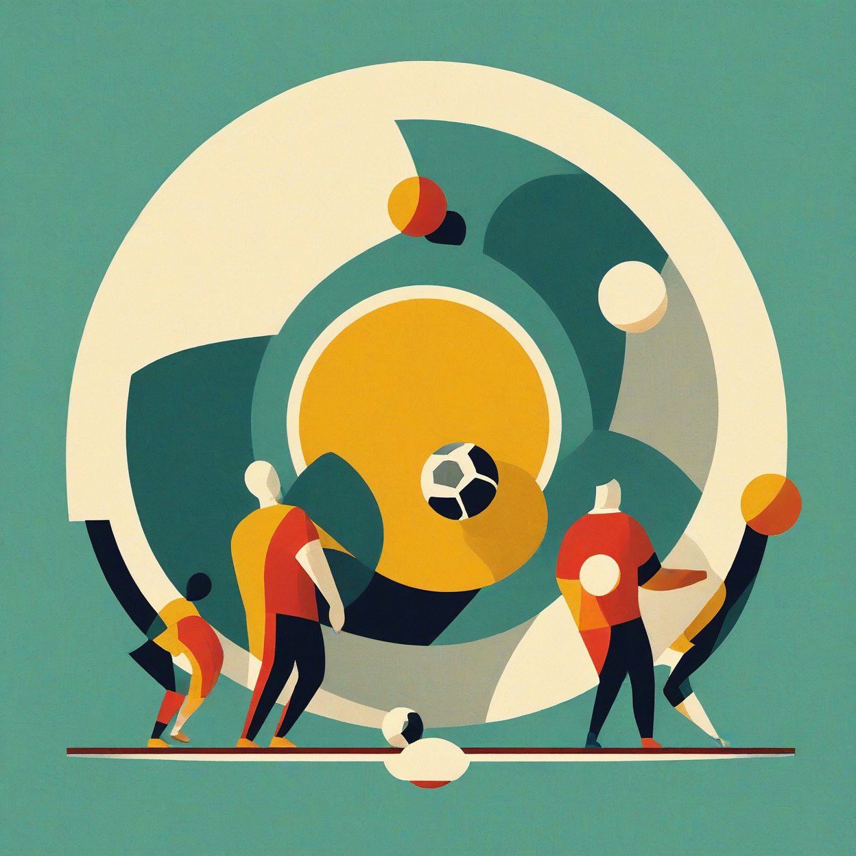 abstract minimalism, graphic design, olympic football team shooting balls through the olympic logo to warm up before the game, bold flat colors and shapes, expressive geometric art, artistic composition, clean lines, abstract, flat design, in the style of james gilleard