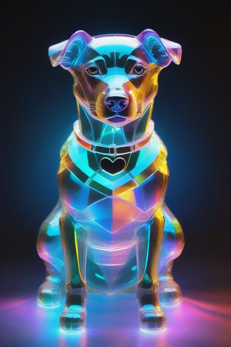 Ap0l0gr4ph1c, holographic, dog, colorful, glowing, illumination, iridescent, photo \(object\), reflection, shadow, simple background, translucent