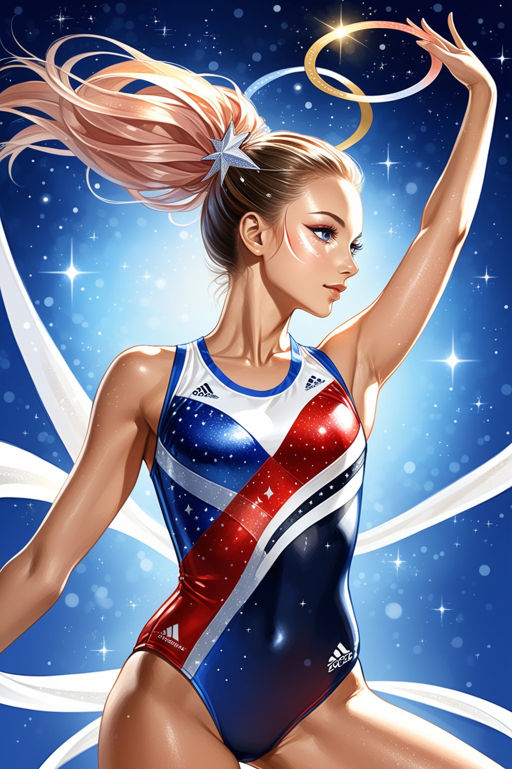 flat vector art, perfect complexion eyes, A girl, Olympic rhythmic gymnast, rhythmic gymnastics uniform, looking at viewer, France 2024 Olympics, digital art, professional style, detailed image, detailed skin, blush, realistic eyes, ((masterpiece quality: 2)), light particles, attractive image.