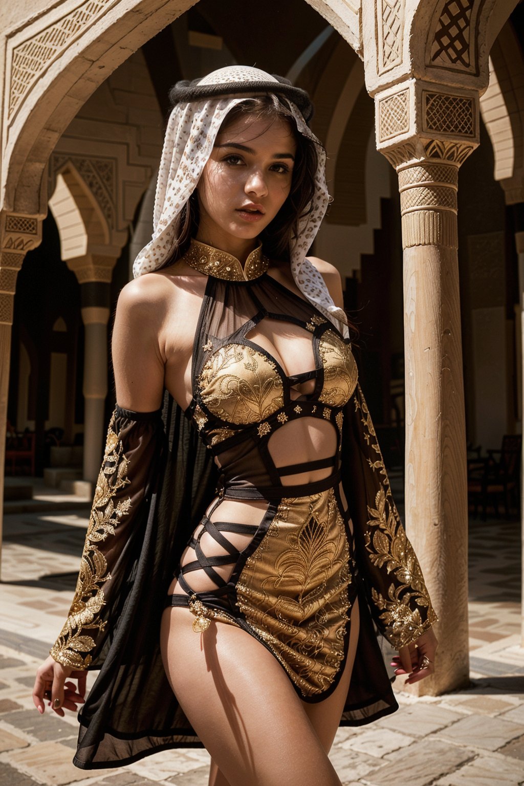 Masterpiece, Best Quality, 1girl, one sexy woman ((( wearing Arabian traditional outfit, cutout dress, outfit ))),  ((( full outfit, inner body viewing))), sexy body, (texture), (((cutout outfit))) sexy pose, sexy figure, hyper detailed face, ultra realistic, 8k resolution, hyper detailed, ultra realistic, ultra detailed face, ultra high detailing, realism,photorealistic