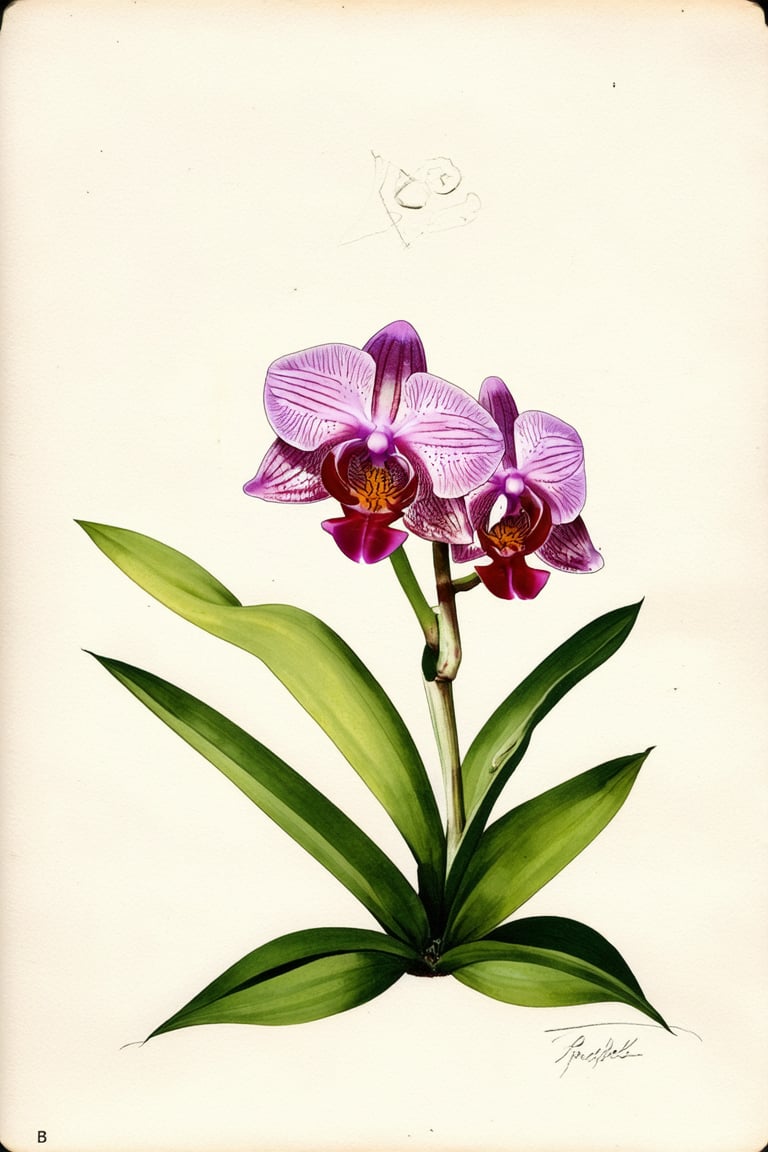 A detailed botanical scientific illustration of a rare orchid species , The orchid's delicate petals and sepals are rendered in precise watercolor strokes, with intricate details of the reproductive structures highlighted. Soft natural light casts gentle shadows on the petals, while the surrounding foliage is subtly hinted at through delicate lines and shading.