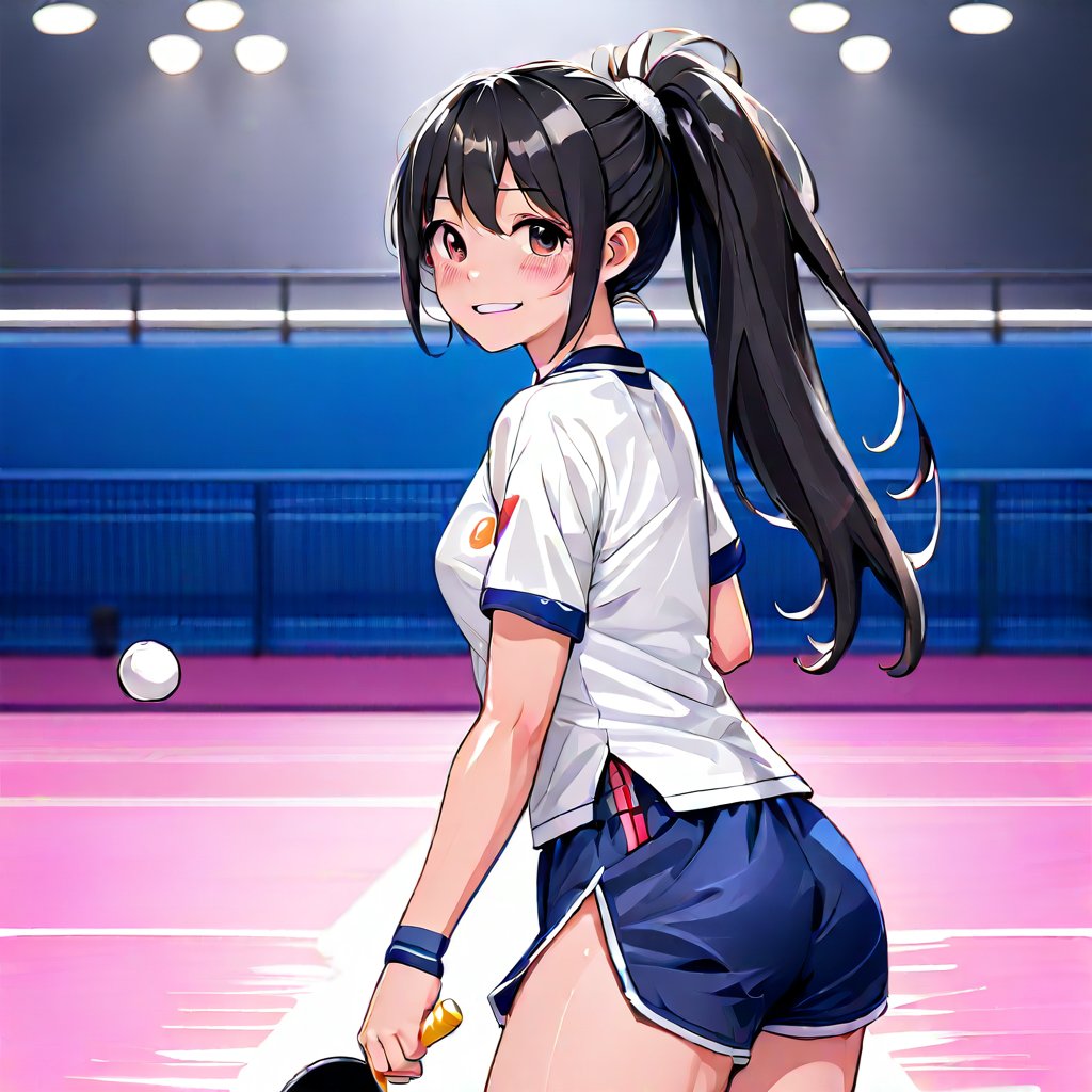 Olympics, ping pong, small white pingpong ball, view behind, indoor, pink floor, 

anime style beautiful woman, 1girl, hold ping-pong racket, (ponytail), black hair, (long hair), 
Slender, skinny

(sportswear), (indoor sport uniform), (indoor 
sport shorts), (detailed clothes, extremely delicate and beautiful fabric),  (wet), tight_clothes,  

(action pose), (sweat), (smile, open mouth), (inspired, determined),

 (dynamic lighting:1.4), cinematic lighting, delicate facial features, detailed eyes, sharp pupils, realistic pupils, depth of field, bokeh, sharp focus, (hyper-detailed, bloom, glow:1.4), many small gems



