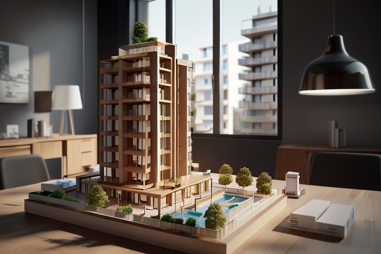 modern apartment ,a model of the building is placed on a table