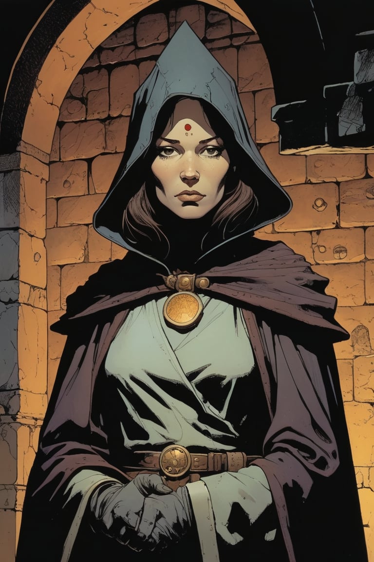 art by Mike Mignola and Moebius: A Frowning female wizard in a dungeon, Small Eyes,  
Brown eyes, Brown hair, Facial Scar,