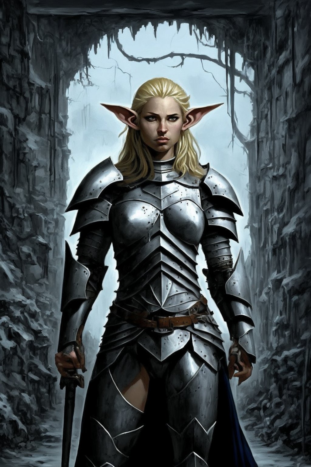 cinematic, art by Simon Bisley and Larry Elmore, A Cold female knight in a dungeon, armored, half-elf with Golden hair, Pale skin, Silver-Grey eyes, Small Pointed Ears and Small Jaw,  
