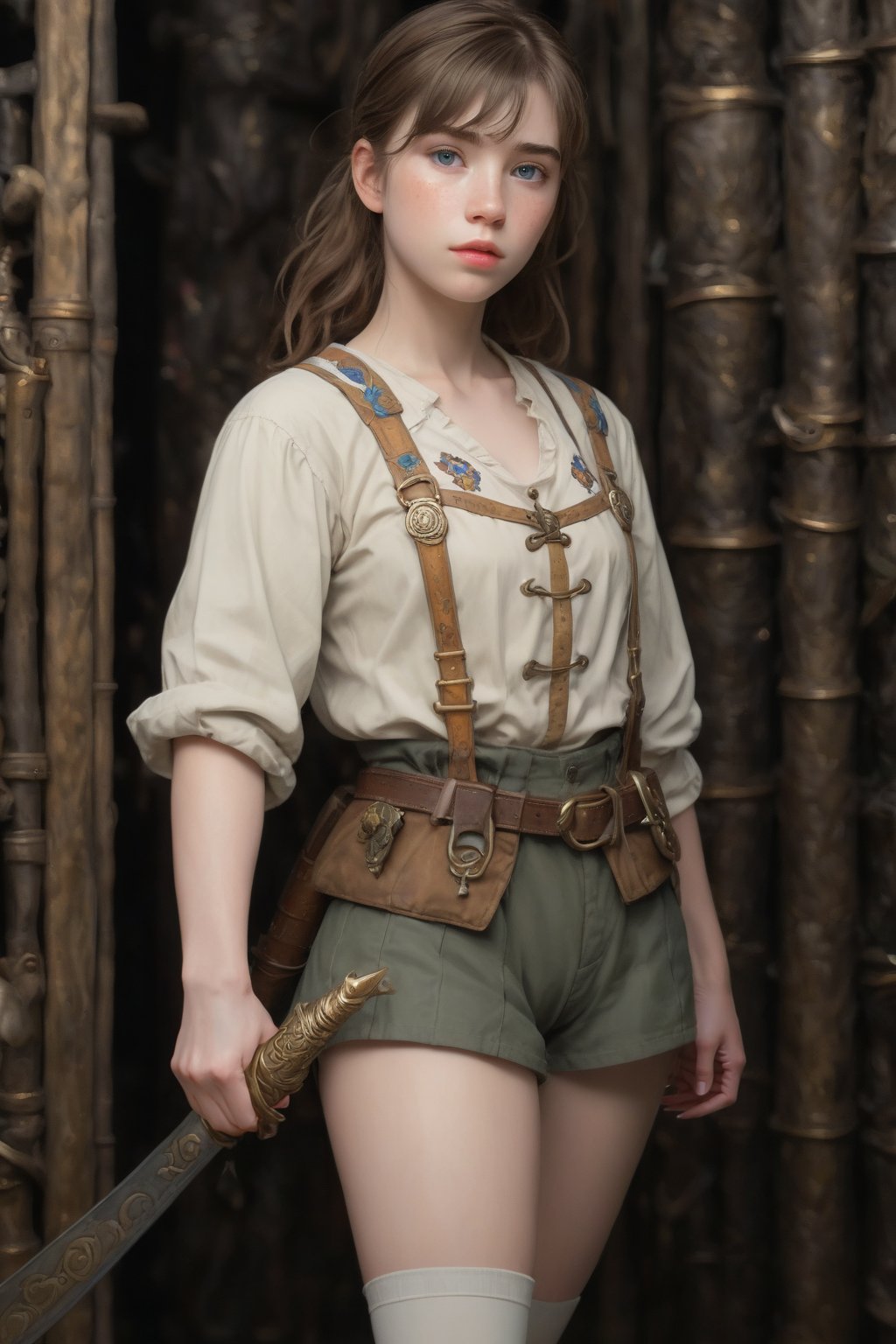 full body art by klimt and studio ghibli: A Gentle female ranger in a dungeon, human with Blue eyes, Brown hair, Pale skin, 