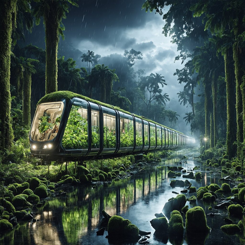 A high-quality hyperrealistic photograph of a futuristic, sleek eco-friendly train with transparent glass carriages filled with vibrant green plants, traveling through a shadowy dark tropical jungle during a dark black night with a dark black starry sky, dark shadowy areas, and no light, zero light, surrounded by diverse flora, a clear river reflecting train light, an ancient broken building covered in moss hidden within the jungle, and ancient broken pillars covered in moss around the jungle, with bad weather. The scene is captured in a super zoom close up view, on ground shot, hyperrealistic, midjourney realistic, photography, hyperdetailed, clear hyperdetailed background, 8k, ultra clear resolution, perfect composition, hyperrealistic texture. eco-friendly train, hyperrealistic,