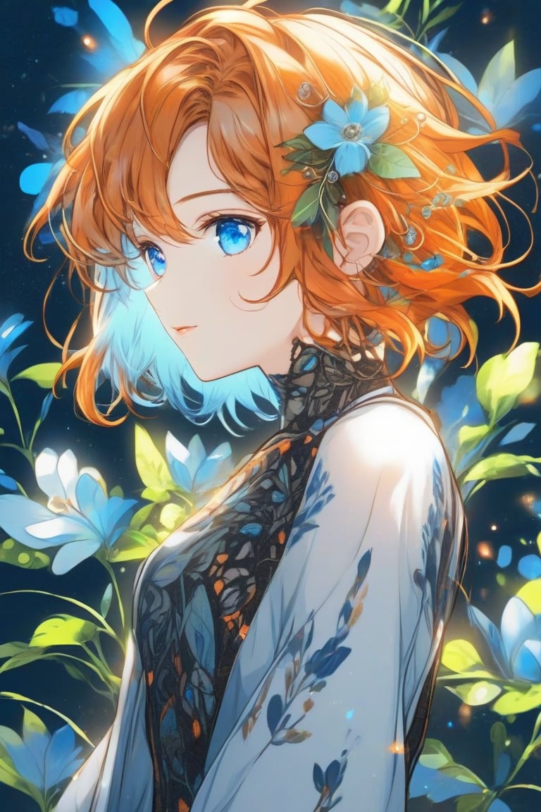 Anime style, female, orange hair, flower_hair_ornament, blue eyes, short-hair, half cyborg