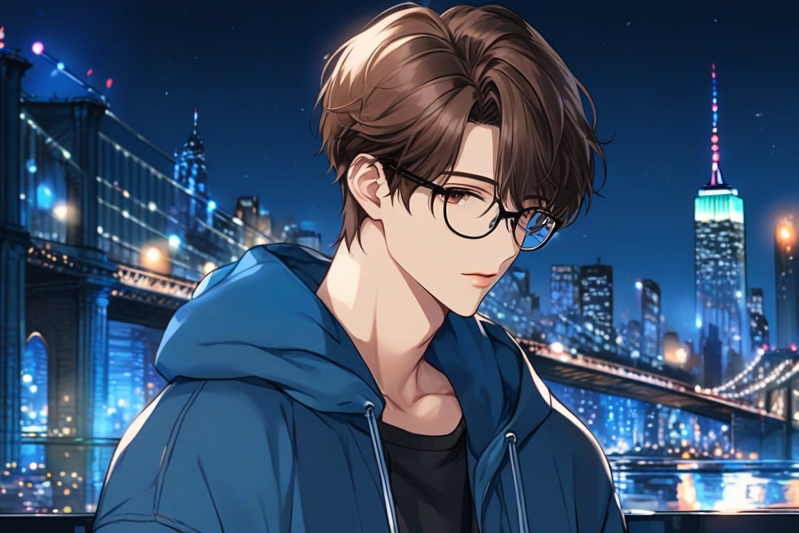 masterpiece, 20-year-old, hot guy, brown hair, black glasses, short hair, brown eyes, anime style, wearing blue hoodie, New York City Background, Night time