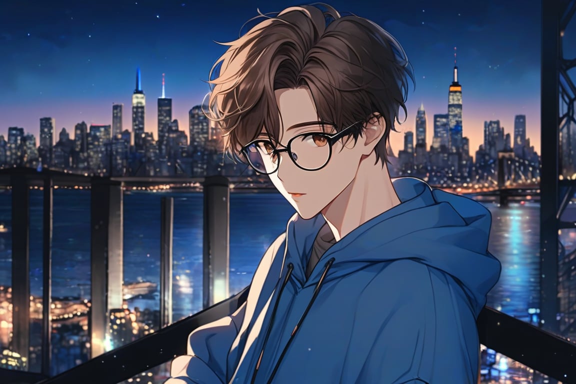 masterpiece, 20-year-old, hot guy, brown hair, black glasses, short hair, brown eyes, anime style, wearing blue hoodie, New York City Background, Night time