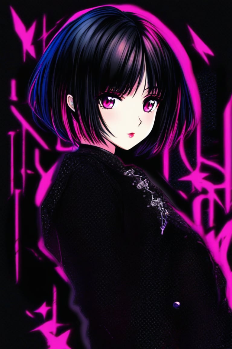 Anime style, female, short hair, pink eyes, black hair, gothic, rockstar, 