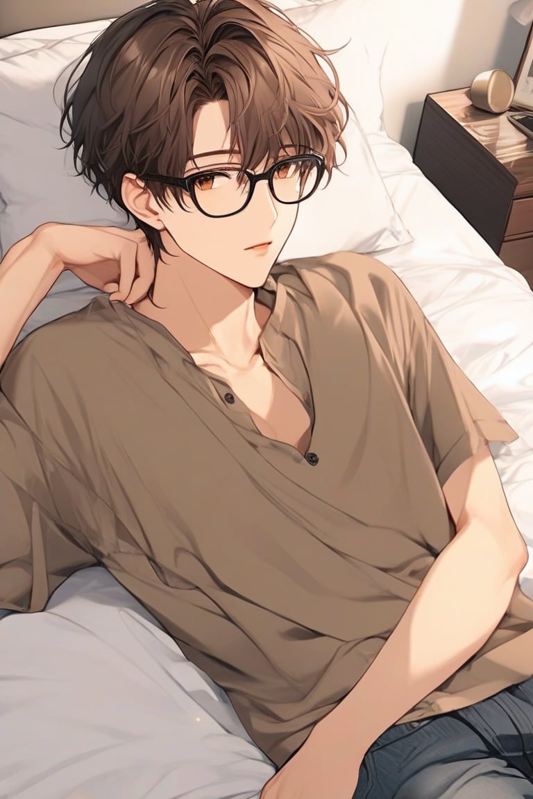 masterpiece, 20-year-old, hot guy, brown hair, black glasses, short hair, brown eyes, anime style, On bed