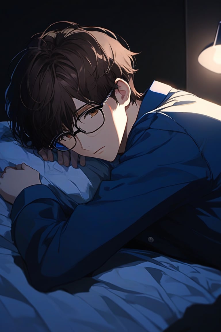 masterpiece, 20-year-old, hot guy, brown hair, black glasses, short hair, brown eyes, anime style, blue jacket, sad, laying down on bed on his sid, low lighting