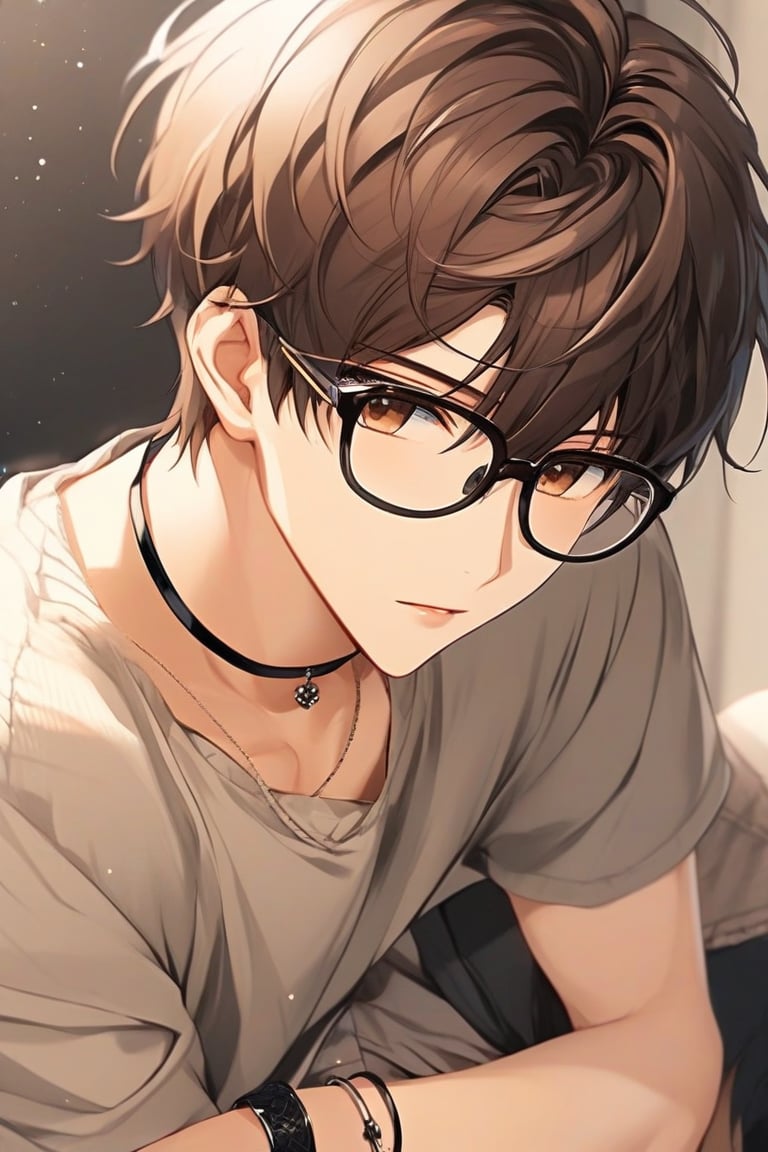 masterpiece, 20-year-old, hot guy, brown hair, black glasses, short hair, brown eyes, anime style, choker, bracelets,