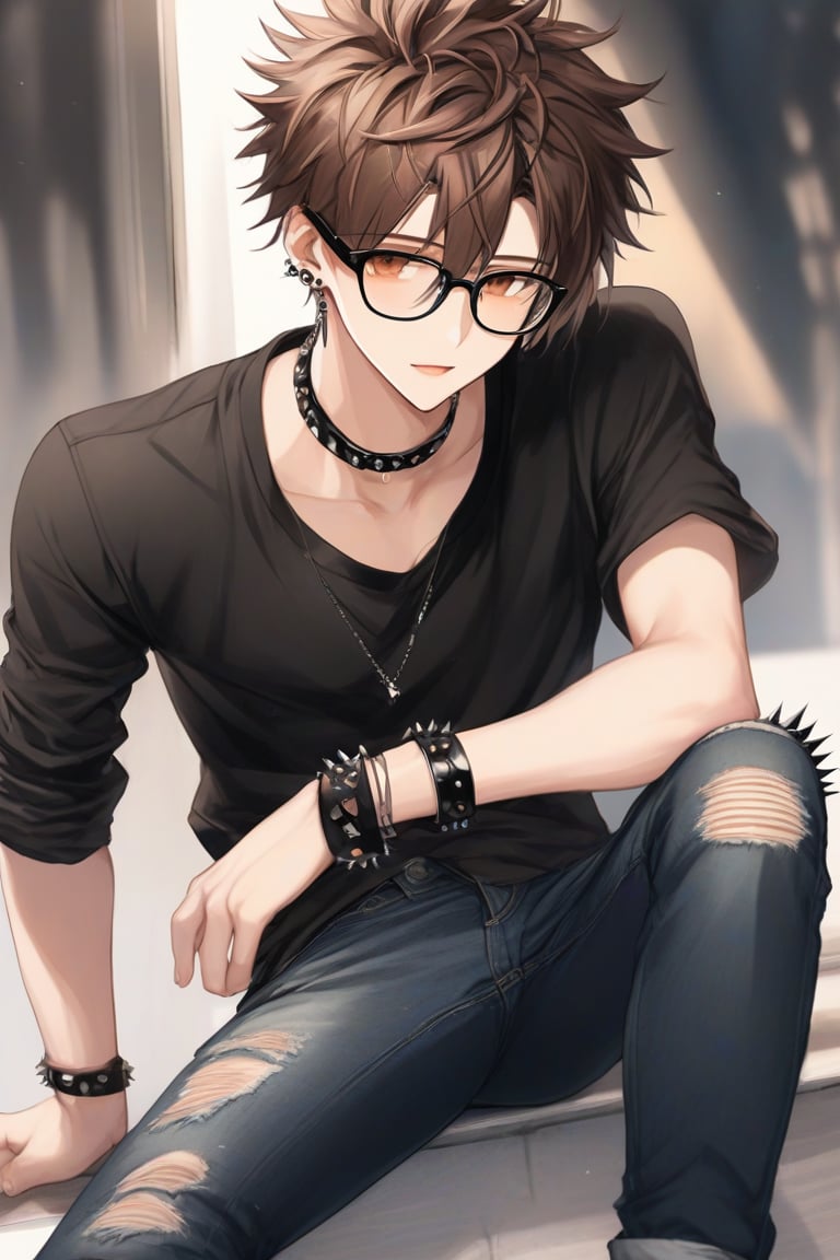 masterpiece, 20-year-old, hot guy, brown hair, black glasses, short hair, brown eyes, anime style, black tee shirt, open black leather jacket, ripped jeans, spiky bracelets, piercings on eyes, spiky black choker