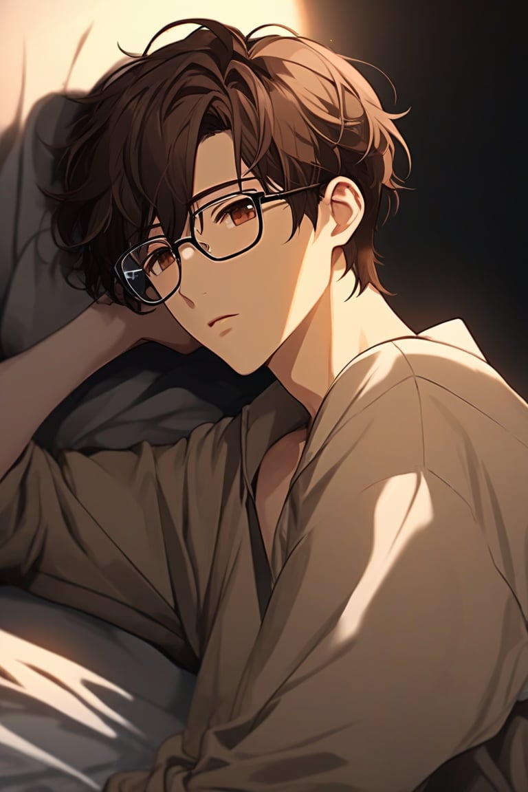 masterpiece, 20-year-old, hot guy, brown hair, black glasses, short hair, brown eyes, anime style, On bed, laying on his left side, sad, low lighting