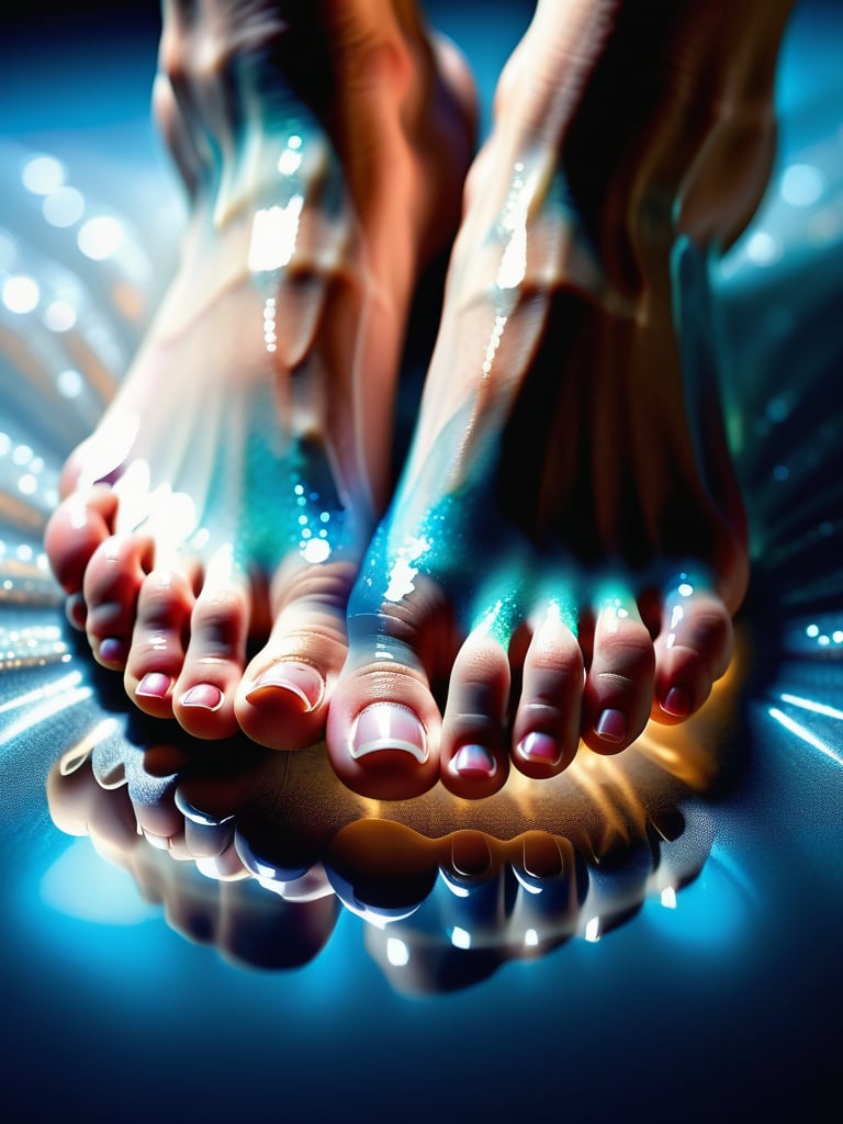 A surreal yet striking image: a close-up shot of a human foot, with hyper-realistic attention to toe nails, skin texture, and the subtle contours of the toes. The subject's feet are adorned with a mesmerizing, translucent substance that resembles cum, dripping delicately from between the toes like a sweet, sticky mist. The lighting is soft and even, highlighting the intricate details of the foot and creating an air of intimacy. The composition is simple yet effective, drawing the viewer's eye to the center of the frame where the feet take center stage.