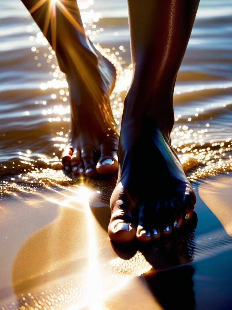 A photograph captures a close-up shot of a pair of feet shimmering with oil, in sunlight that casts. The oil's sheen accentuates the curves of toes and ankles, while the surrounding brightness creates a striking contrast.