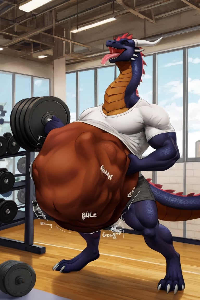 Huge Male Muscular dark brown dragon, at a gym, (vore belly), (lifting weights), (digestion vore), (dark belly), (unwilling prey), (dragon),(wearing grey shorts and a white shirt), (belching)