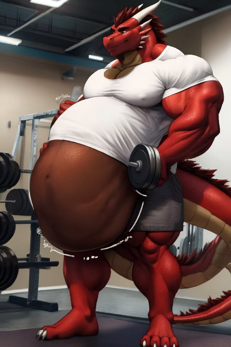 Male Muscular dark red brown dragon, at a gym, (post vore belly), (lifting weights), (digestion vore), (dark brown belly), (dragon) (wearing grey shorts and a white shirt) (sigh), (bigger muscles)