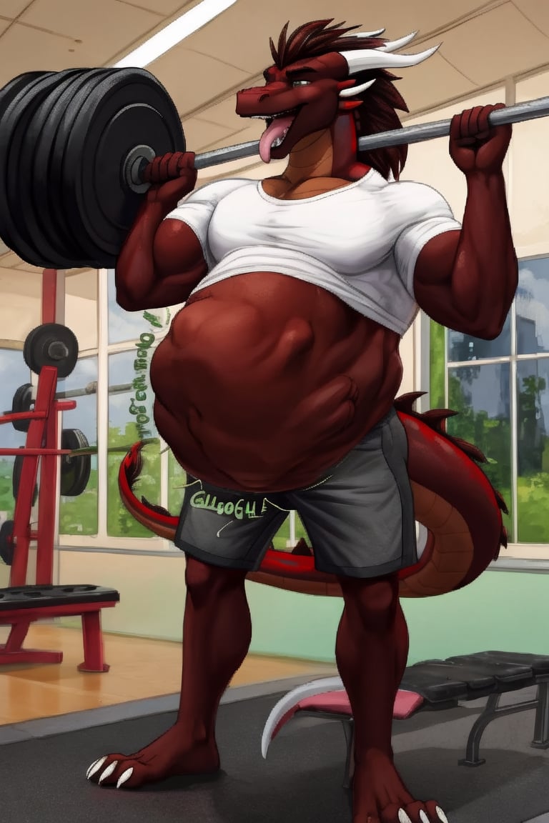 Male Muscular dark brown dragon, at a gym, (vore belly), (lifting weights), (digestion vore), (dark belly), (unwilling prey), (dragon) (wearing grey shorts and a white shirt) (belching)