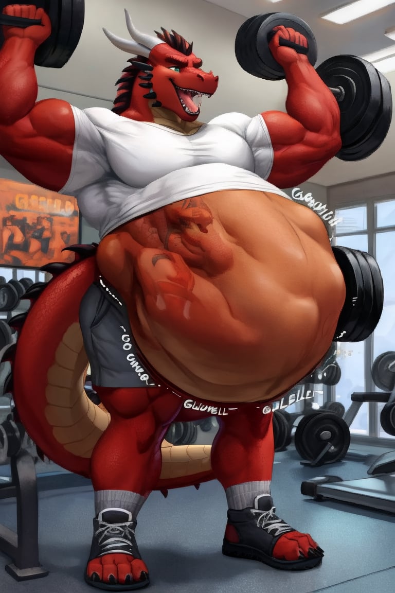 Huge Male Muscular dark brown dragon, at a gym, (vore belly), (lifting weights), (digestion vore), (dark belly), (unwilling prey), (dragon) (wearing grey shorts and a white shirt) (belching)