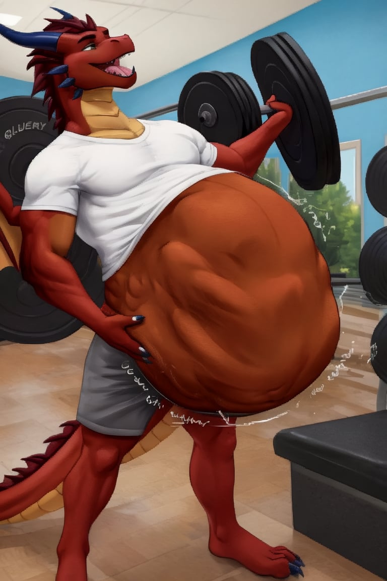 Male Muscular dark brown dragon, at a gym, (vore belly), (lifting weights), (digestion vore), (dark belly), (unwilling prey), (dragon) (wearing grey shorts and a white shirt) (belching)