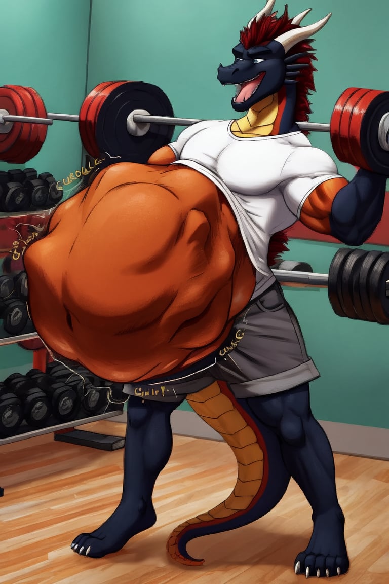 Male Muscular dark brown dragon, at a gym, (vore belly), (lifting weights), (digestion vore), (dark belly), (unwilling prey), (dragon) (wearing grey shorts and a white shirt) (belching)