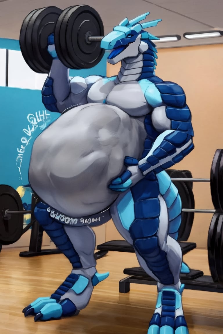 Male Muscular Dark blue synth, at a gym,  (vore belly),  (lifting weights) , (Endo vore) (light grey belly) (belching) 