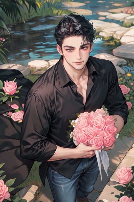 Score_9, score_8_up, score_7_up, Highly detailed, masterpiece, high quality, beautiful, high resolution, good details, 1man, solo, male focus, black eyes, black hair, outdoor, black dress shirt, jeans, blue roses, smile, looking up, from above, holding a bouquet of pink roses, smile, blush, happy, looking at viewer, mature man, 39 years old, muscular, fair skin, sharp features, 190cm tall, muscular build, CEO of a large company, SeKwang Group, very calculating and cynical personality, stern expression, intense gaze.best ratio four finger and one thumb








