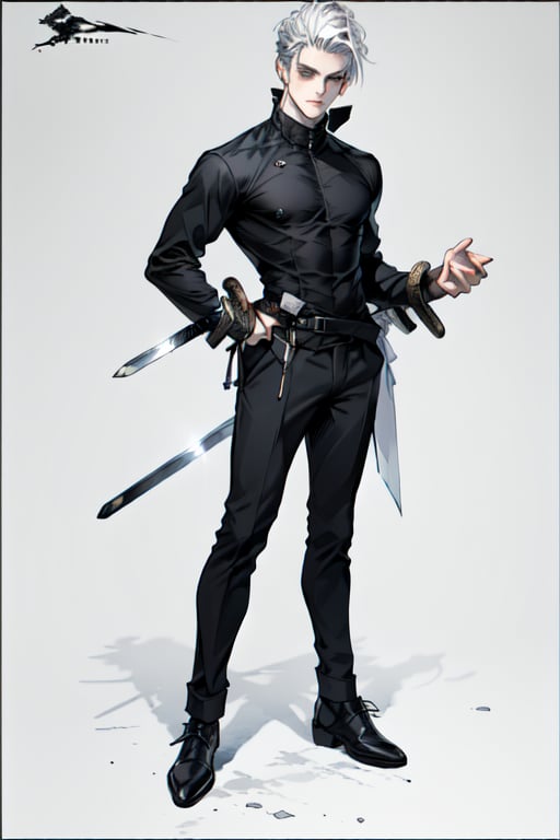 1boy, rating
A muscular and mature man in his 30s, male_focus, striped, solo,  jacket, pants, shoes, weapon, full_body, standing, white_hair, sword. A man with a sword standing in front of a white background. His hair is a mix of gray and white styled with a pompadour in the front and slightly tousled in the back. slicked-back hairstyle, and he has a scar from a sword cut on his left cheek. He has a serious expression and black eyes. He is dressed in noble attire