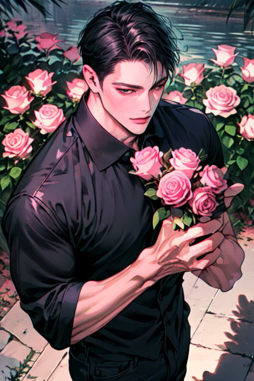 Score_9, score_8_up, score_7_up, Highly detailed, masterpiece, high quality, beautiful, high resolution, good details, 1man, solo, male focus, black eyes, black hair, outdoor, black dress shirt, jeans, blue roses, smile, looking up, from above, holding a bouquet of pink roses, smile, blush, happy, looking at viewer, mature man, 39 years old, muscular, fair skin, sharp features, 190cm tall, muscular build, CEO of a large company, SeKwang Group, very calculating and cynical personality, stern expression, intense gaze.






