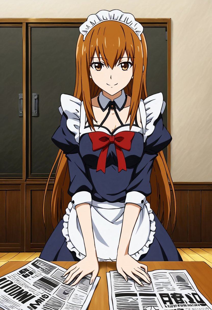 Source: Anime, Rating: Safe, 1 girl,Ai  makise kurisu, sexy body, watching the audience, anime style, illustration, Room, daytime, newspaper background, maid dressPerfect for planing, beautiful, smiling, delicate and beautiful hands