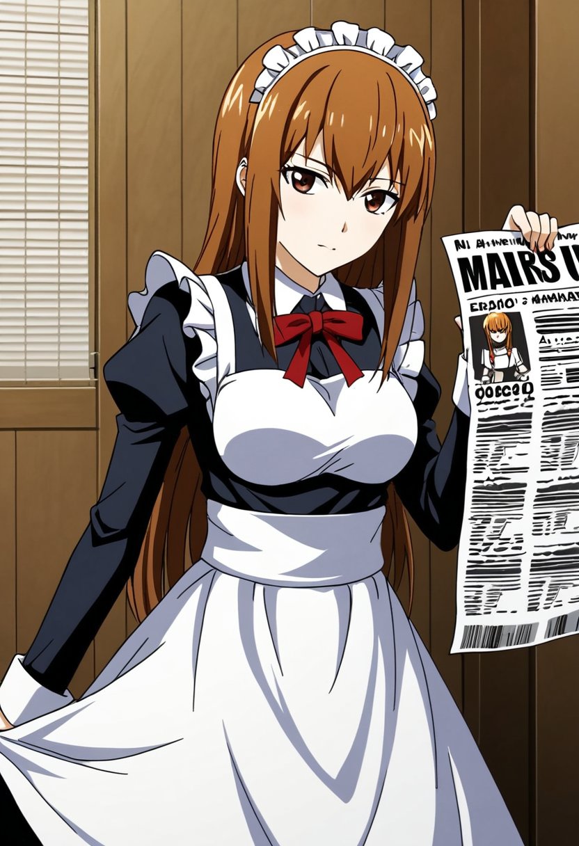 Source: Anime, Rating: Safe, 1 girl,Ai  makise kurisu, sexy body, watching the audience, anime style, illustration, Room, daytime, newspaper background, maid dress