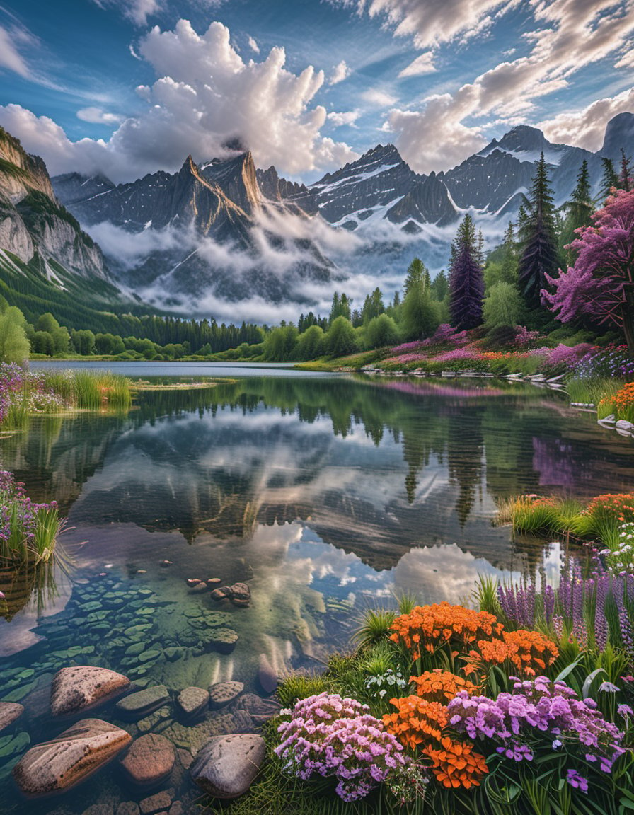 A beautiful fantasy landscape, with mountains and trees, and a majestic sky with white clouds, a lake can be seen that is still like a mirror reflecting the sky, the grass is green and dark purple like lavender, orange flowers that brings magic to the place, it was morning day cinematic 8k photography shot by Sony cameras, ultra realistic,more detail XL