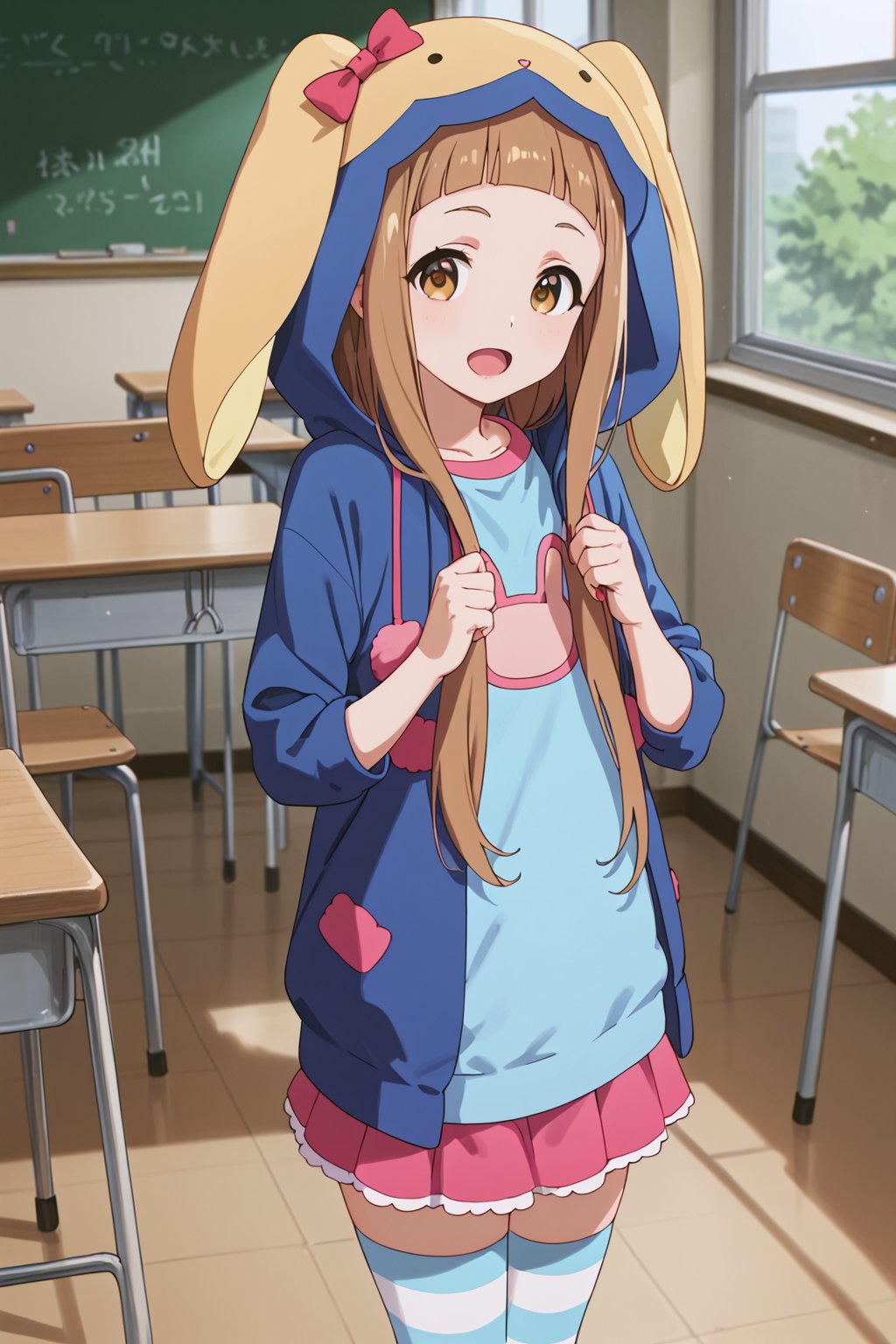 score_9, score_8_up, score_7_up, score_6_up, source_anime, (ultra-detailed:1.5),
Score_Anime,

looking at viewer, Classroom, stand

ichihara nina, long hair, brown hair, brown eyes, bangs, blunt bangs

ichrnina_AA, hood, hood up, bow, hoodie, hands up, rabbit costume,striped thighhighs,open mouth,

,(((5_fingers))),beautiful_female_fingers,