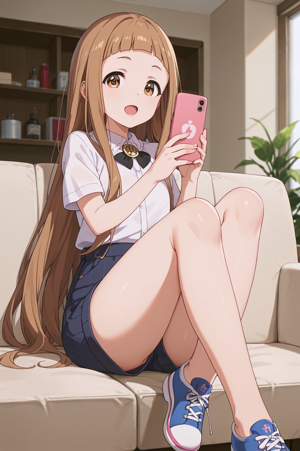 score_9, score_8_up, score_7_up, score_6_up, source_anime, (ultra-detailed:1.5),
Score_Anime,

looking at viewer, Living room, Sit in a chair, cross your legs,Holding a cell phone,

ichihara nina, long hair, brown hair, brown eyes, bangs, blunt bangs

hair bow, collared shirt,shorts

,open mouth,

,(((5_fingers))),beautiful_female_fingers,