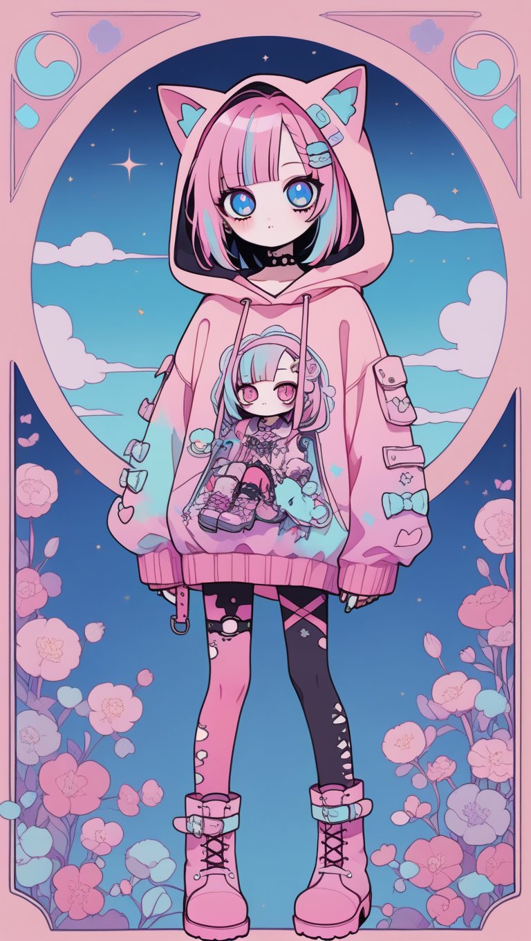 dal-3,,vtuber,1girl,
cute anime characters,Beautiful blue eyes,asymmetric bangs,candy punk Fashion,Hooded hoodie shaped like a cute kitten,cat ear hood,Pastel colored clothes based on blue and pink,Pastel Emo Fashion, Anime Print Shirt,Gothic Style tights, long military boots, score_7_up,dal-6 style,pink-emo,emo, art nouveau