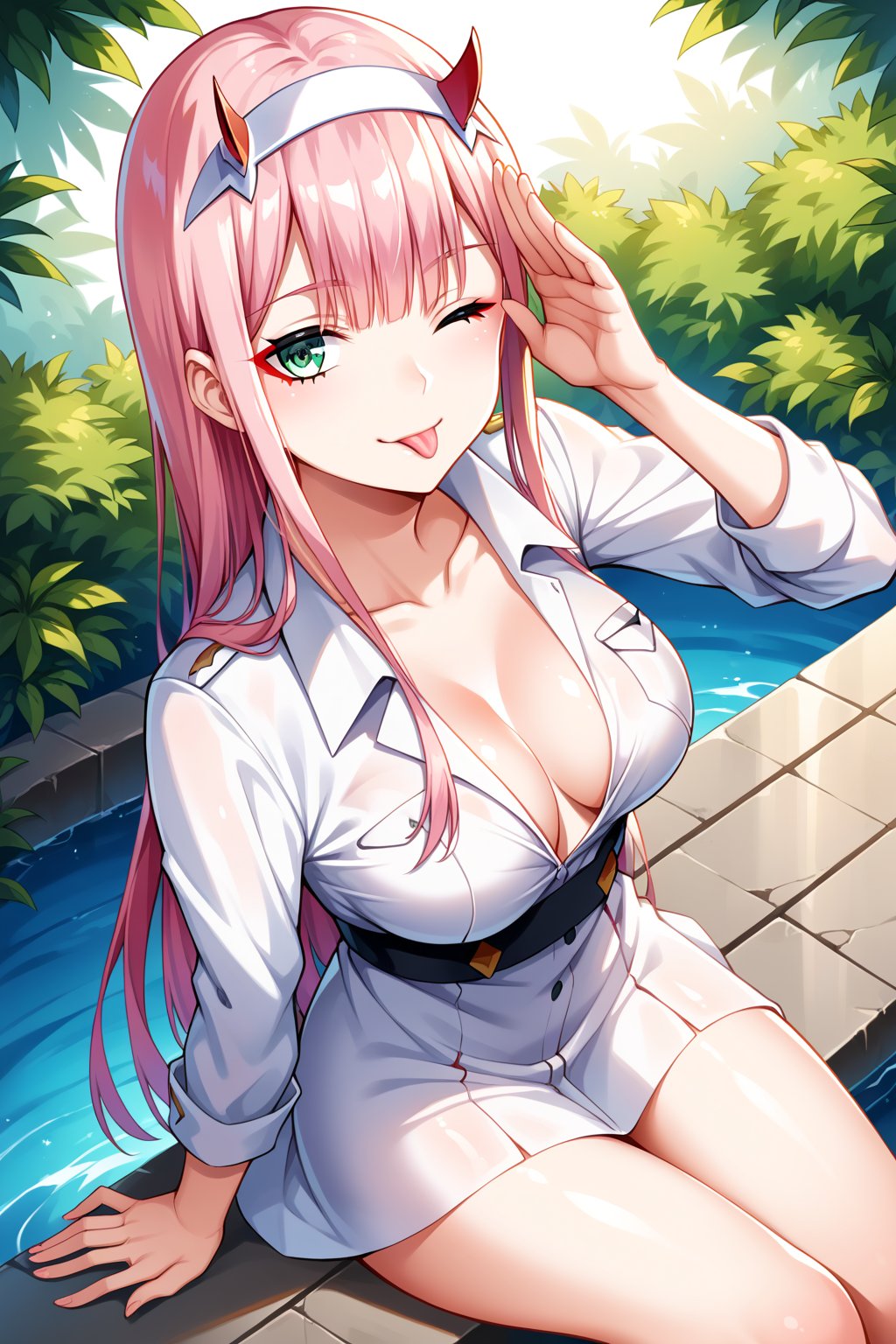 8k, ultra-detailed, perfect anatomy, High detailed, detailed background, beautiful face, score_9, score_8_up, score_7_up, score_6_up, score_5_up, score_4_up,

zero two (darling in the franxx),1girl,solo,long hair,White shirt,Black pantyhos,epink hair,red horns,green eyes,Sexy body,white hairband,bangs, from above,
repuscular rays,light sparkles,Vibrant color saturation, Key light, very clear and precise images, female_solo,from above

((cowboy shot)), face forcus, tongue_out, wink, salute, sitting on slide, park,

,beautiful_female_fingers,perfect hands,detailed hands,beautiful hands