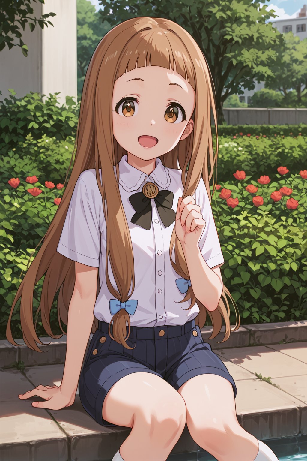 score_9, score_8_up, score_7_up, score_6_up, source_anime, (ultra-detailed:1.5),
Score_Anime,

looking at viewer, Outdoor, garden, sitting

ichihara nina, long hair, brown hair, brown eyes, bangs, blunt bangs

hair bow, collared shirt,shorts

,open mouth,

,(((5_fingers))),beautiful_female_fingers,